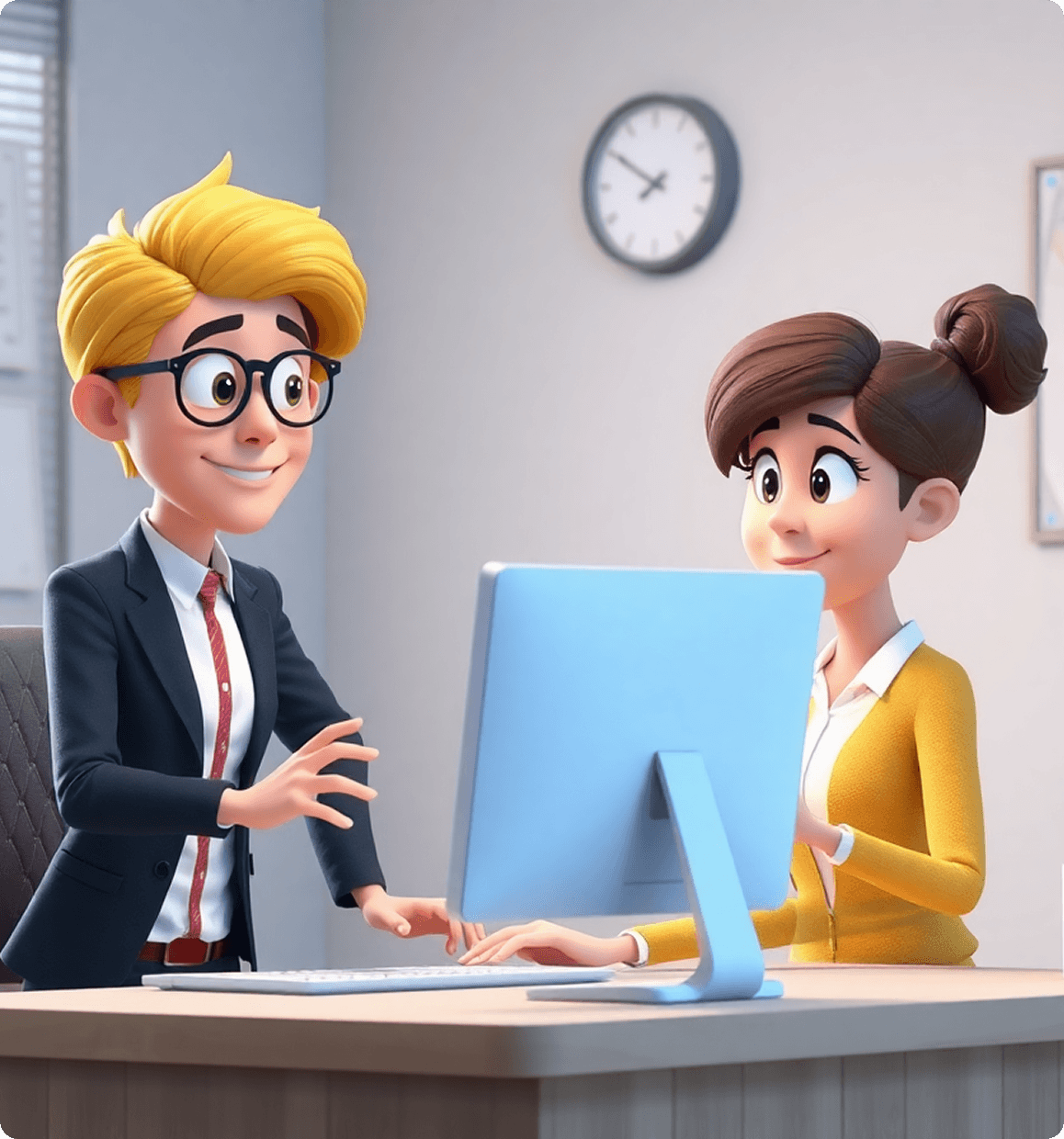 Two animated characters, a manager and a worker, collaborating at a desk