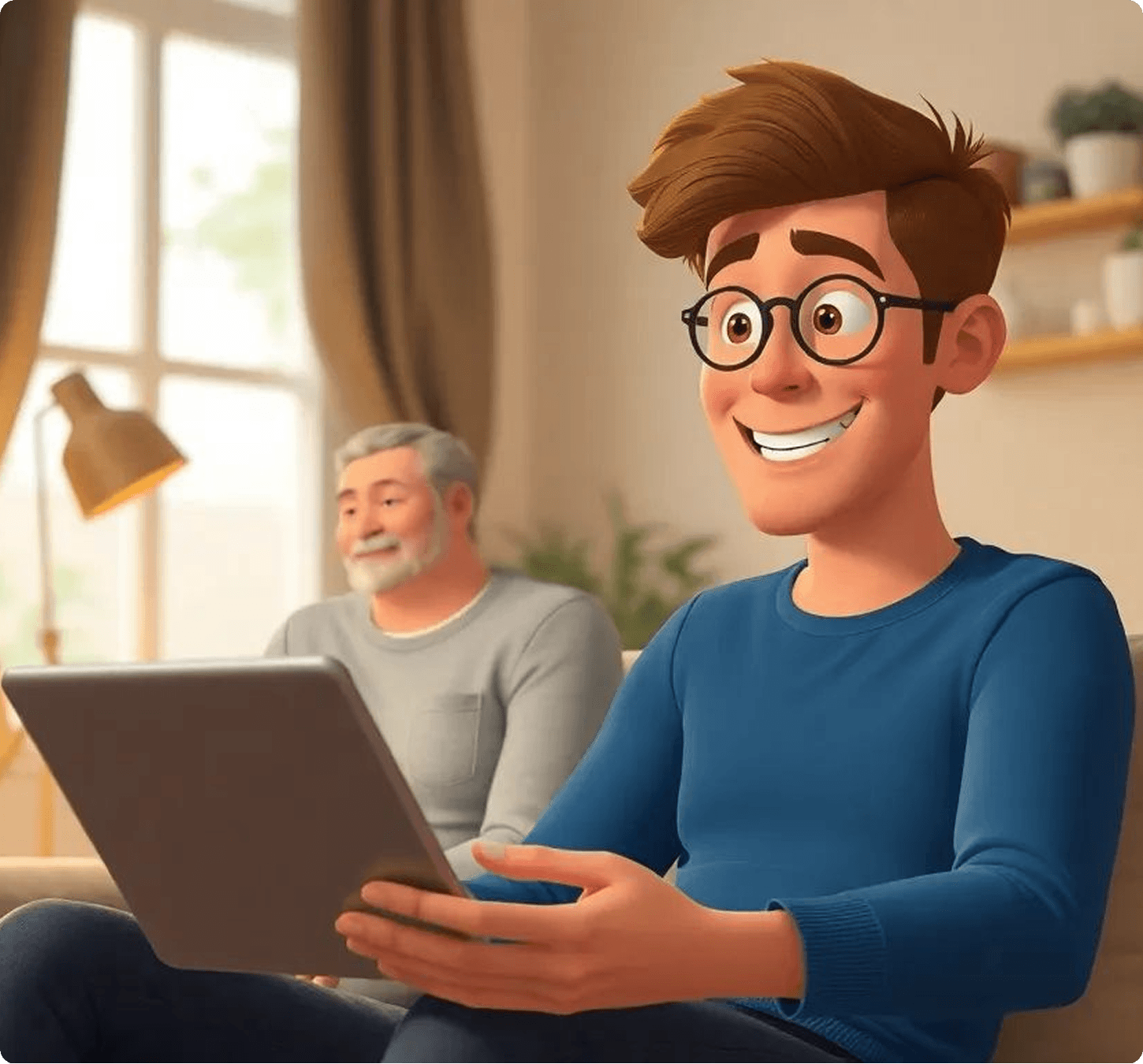 A young adult man happily using a tablet indoors at home
