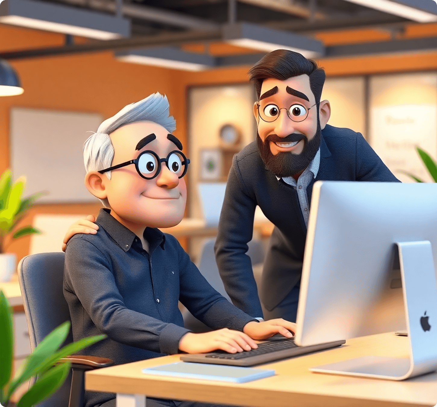 Animated characters at a desk in office