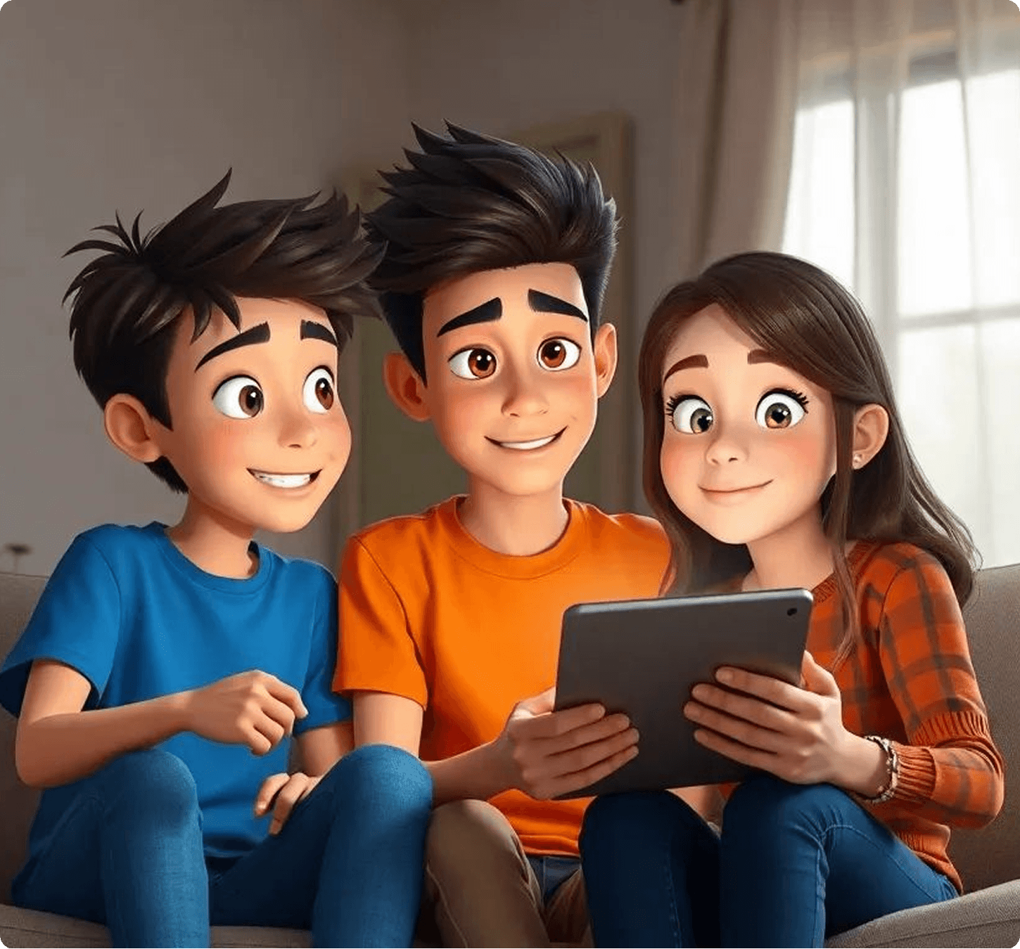 Animated siblings sitting on a couch